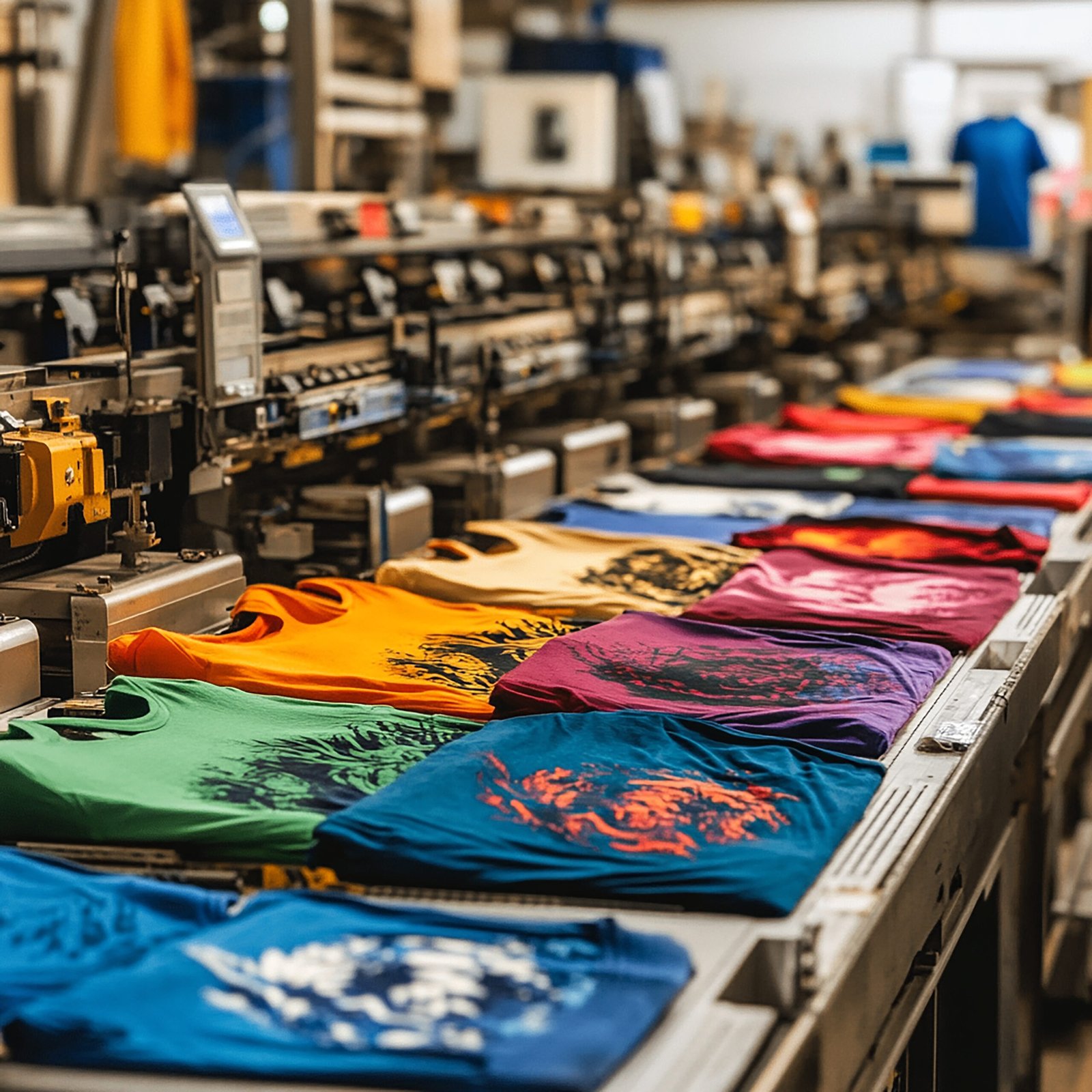 A close-up view of colorful t-shirts with various designs, being processed on a conveyor belt in a printing factory